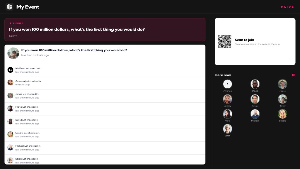 The Outvizor screen view: a pinned question held at the top, the live feed beneath it, and a join QR code with everyone who is here on the right